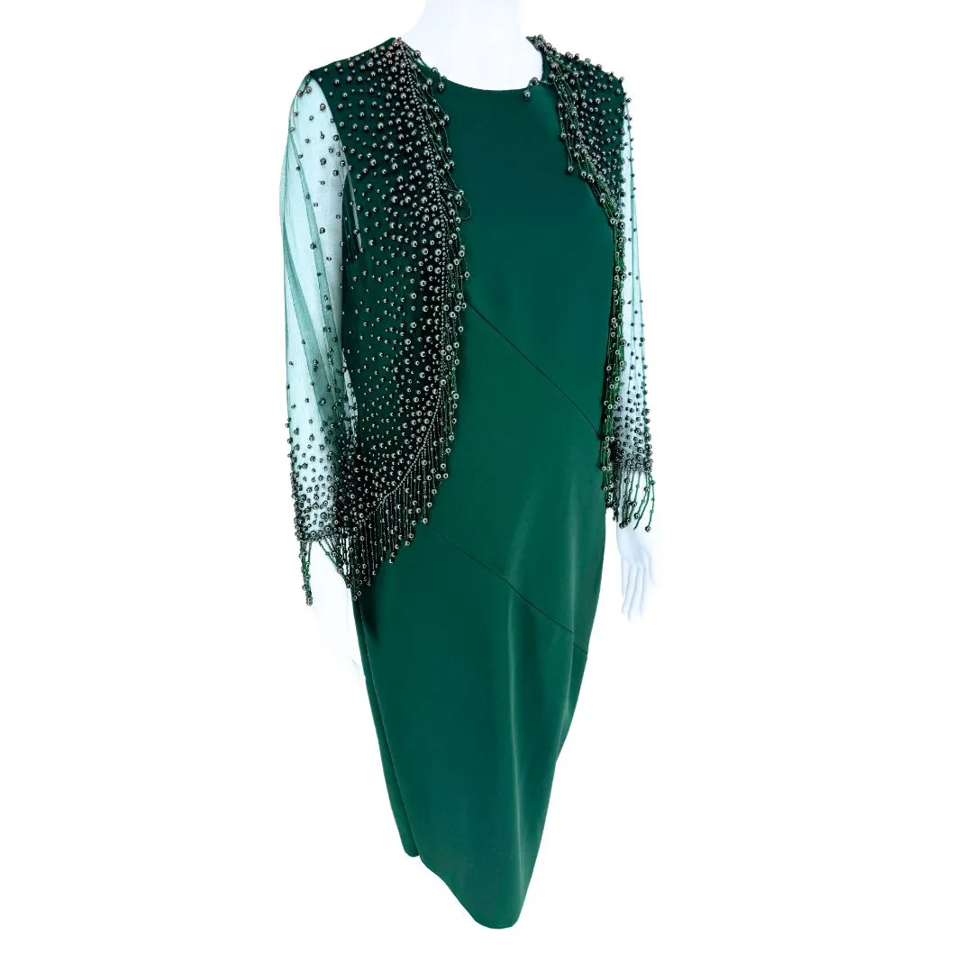 PAMELLA ROLAND Forest Green Pencil Dress w/ Beaded Overlay Cape - Sz 8