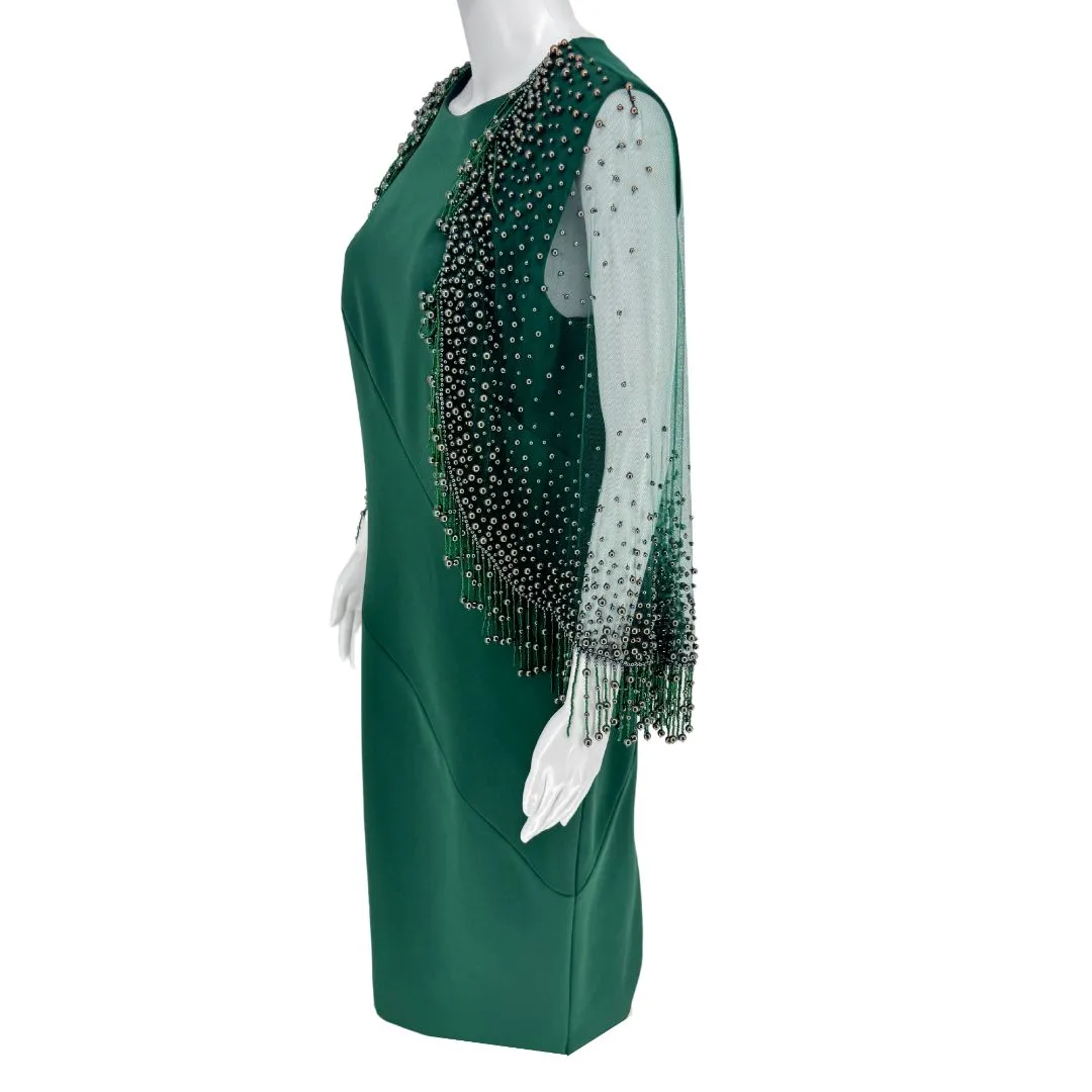 PAMELLA ROLAND Forest Green Pencil Dress w/ Beaded Overlay Cape - Sz 8