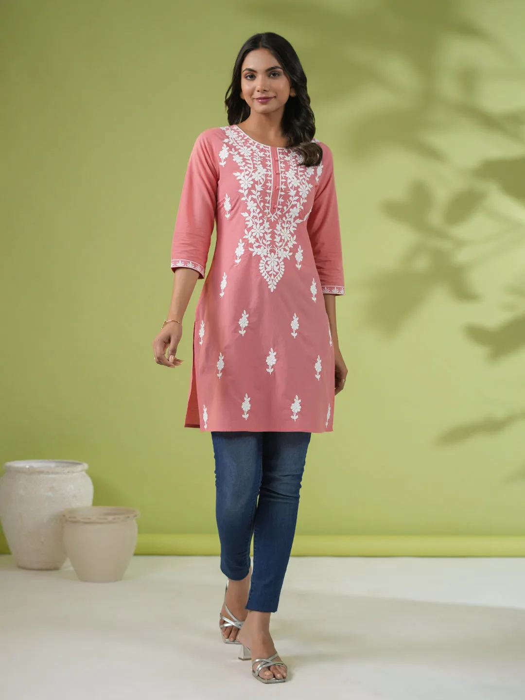 Peach Cotton Chikankari Tunic