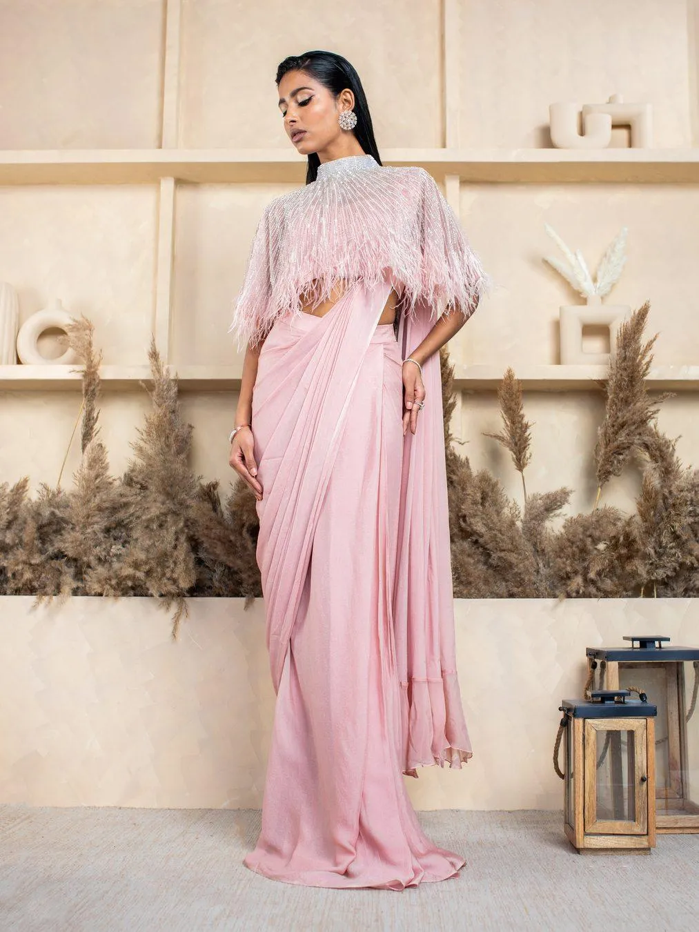 Pleated Drape Saree with Fringed Cape