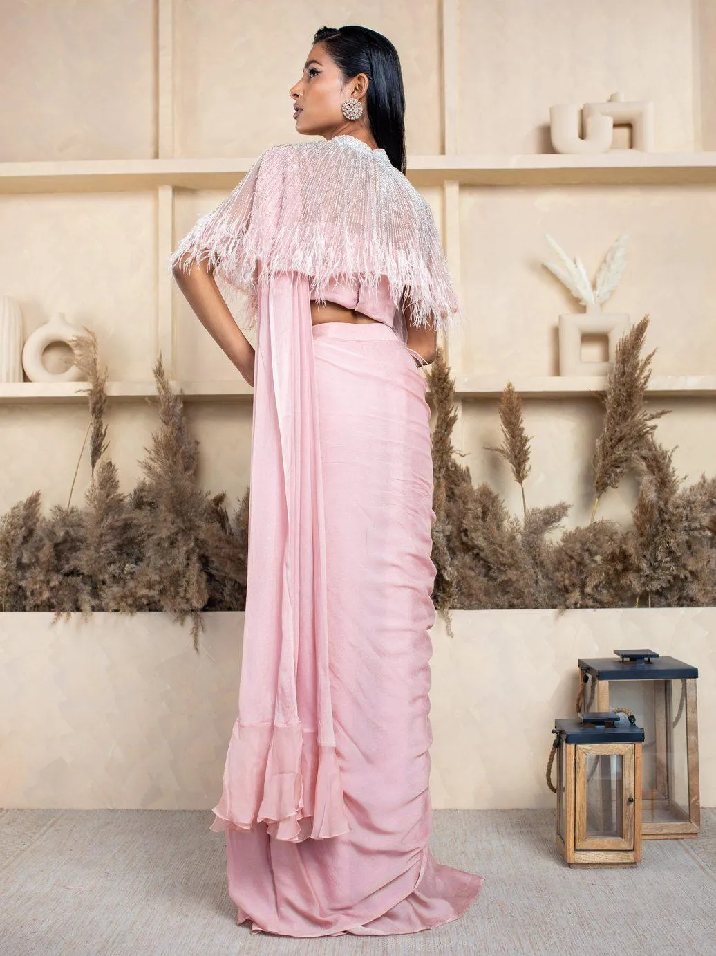 Pleated Drape Saree with Fringed Cape