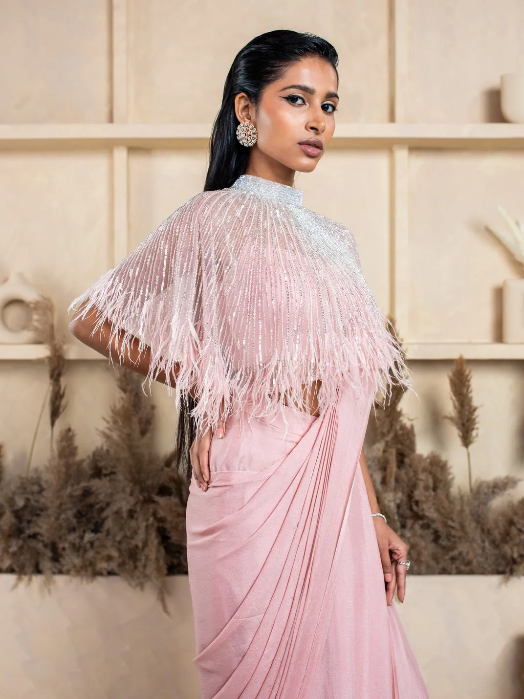 Pleated Drape Saree with Fringed Cape