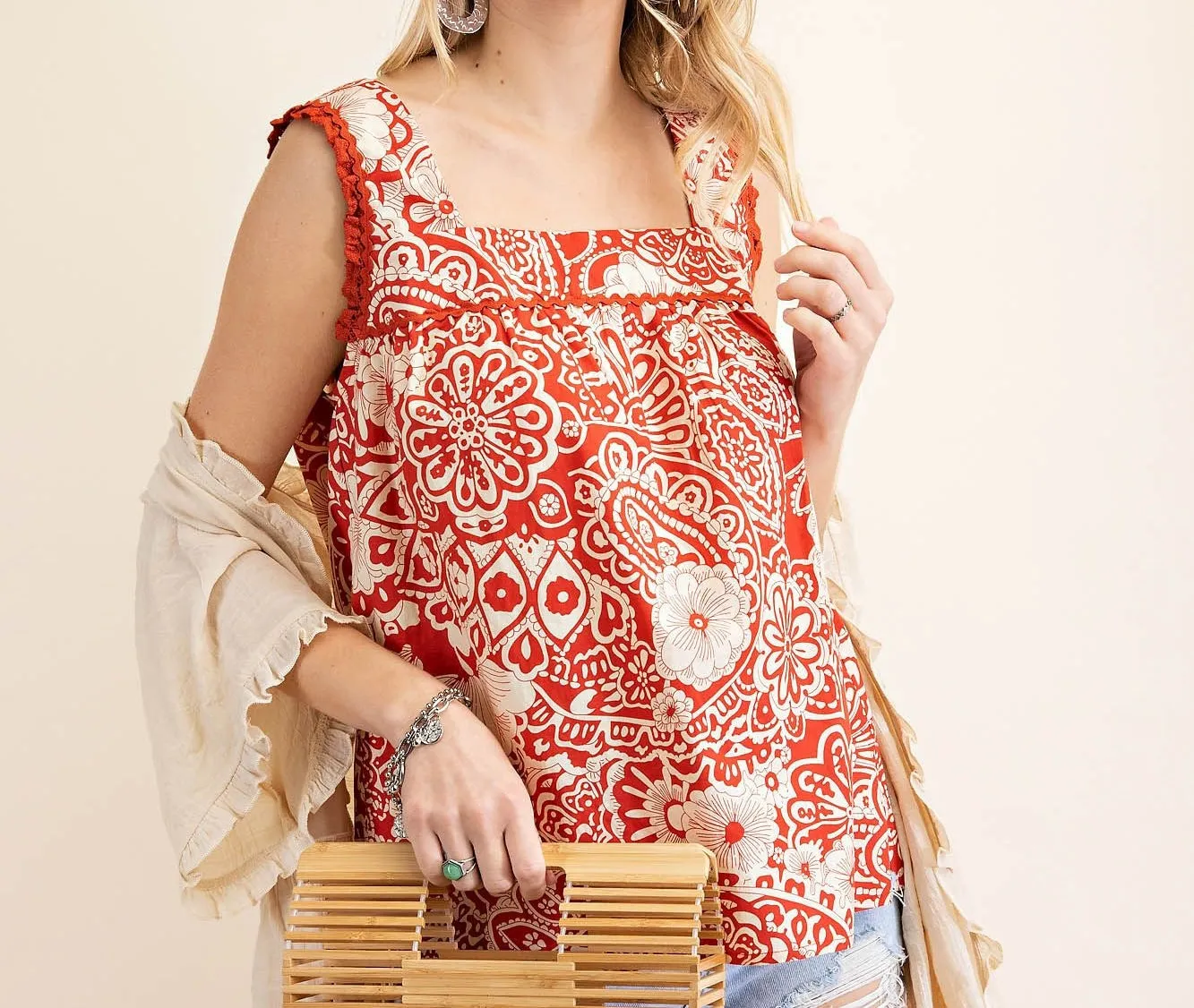 Printed Paisley Tank in Brick