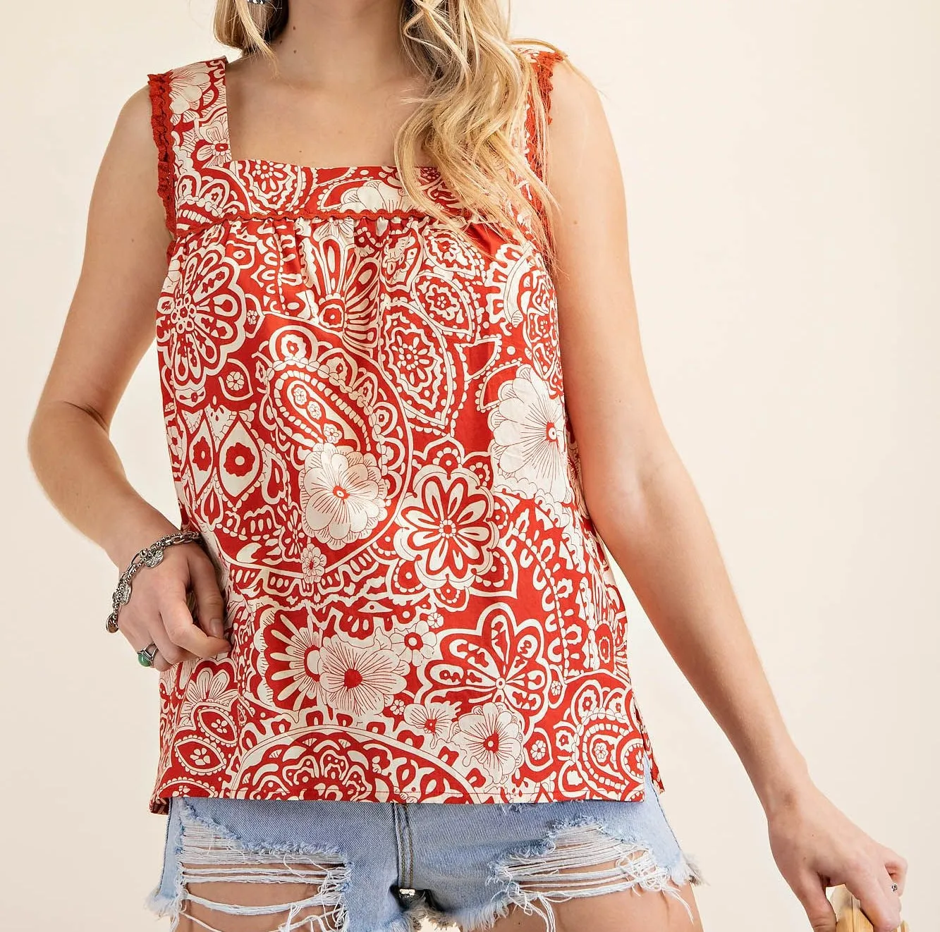 Printed Paisley Tank in Brick