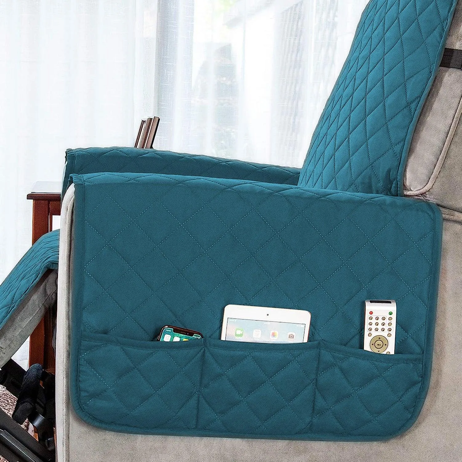 Quilted Recliner Chair Cover With Side Pockets for 1 Seater Sofa, Teal Blue