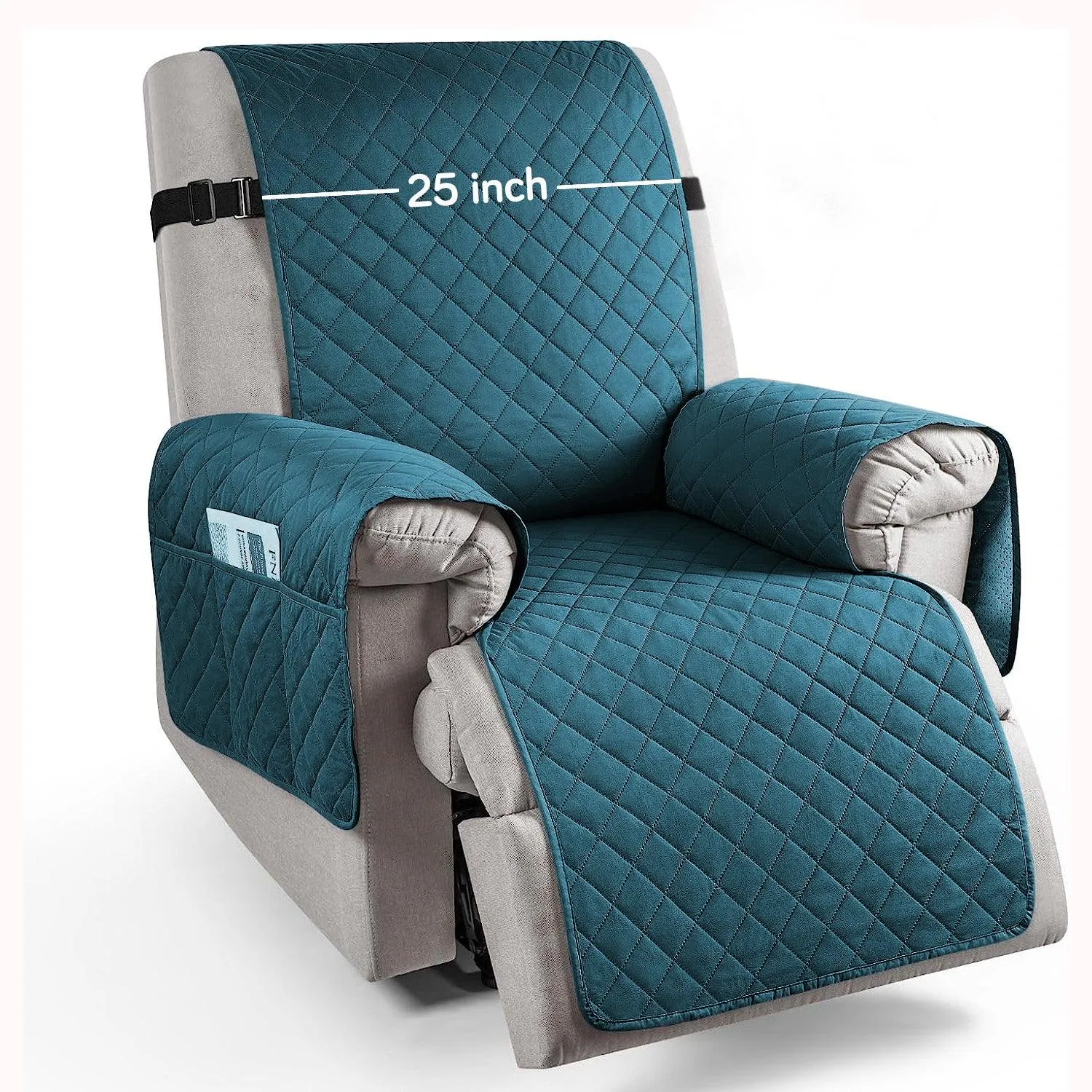 Quilted Recliner Chair Cover With Side Pockets for 1 Seater Sofa, Teal Blue