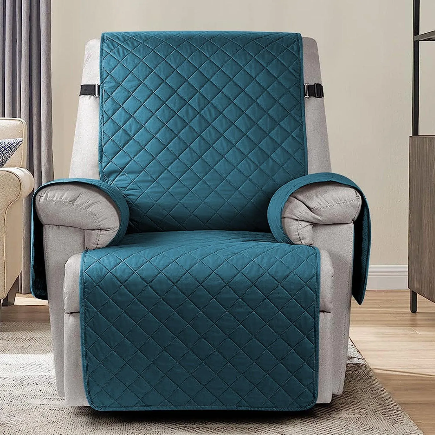 Quilted Recliner Chair Cover With Side Pockets for 1 Seater Sofa, Teal Blue