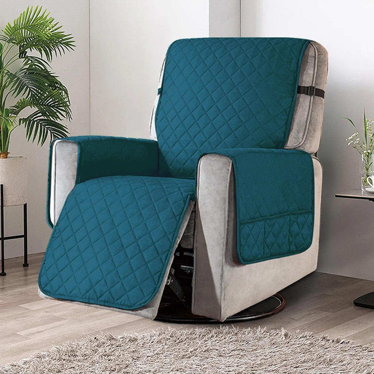 Quilted Recliner Chair Cover With Side Pockets for 1 Seater Sofa, Teal Blue