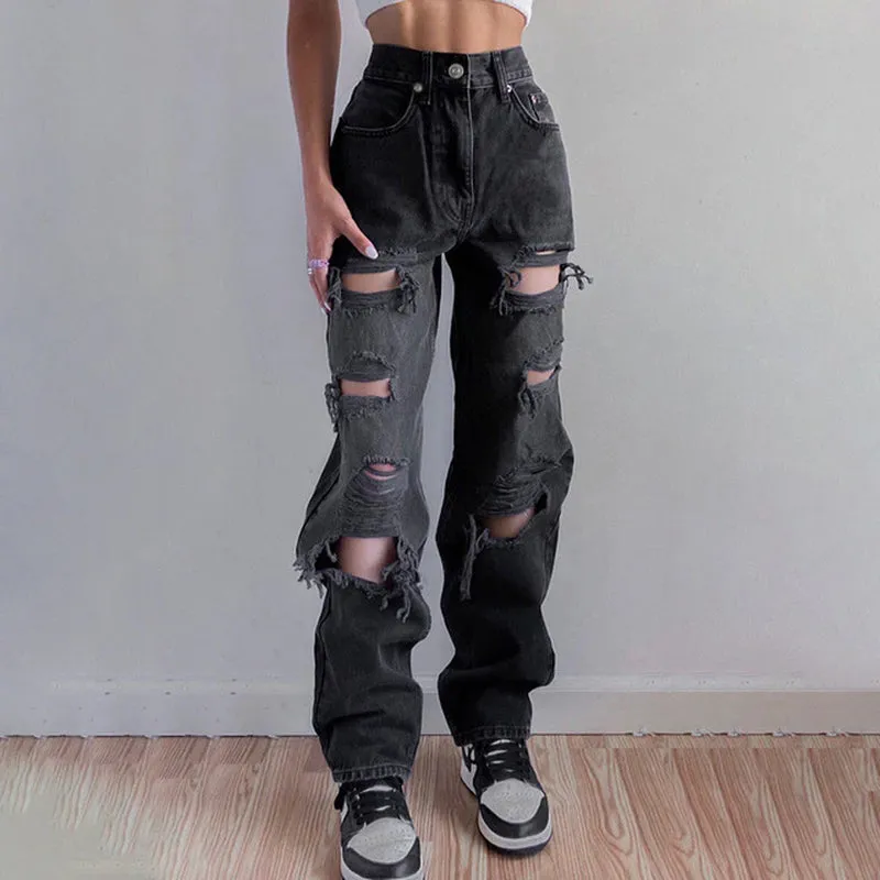 "Stylish Vintage Distressed Jeans - Trendy Ripped High Waist Denim for Fashionable Ladies"