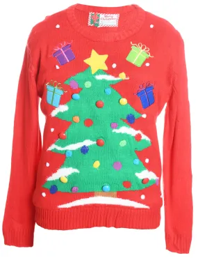 Red Christmas Tree Design Knit Jumper - M