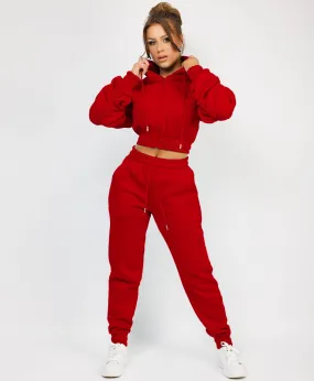 Red Ruched Sleeve Zipped Hoodie and Joggers Tracksuit