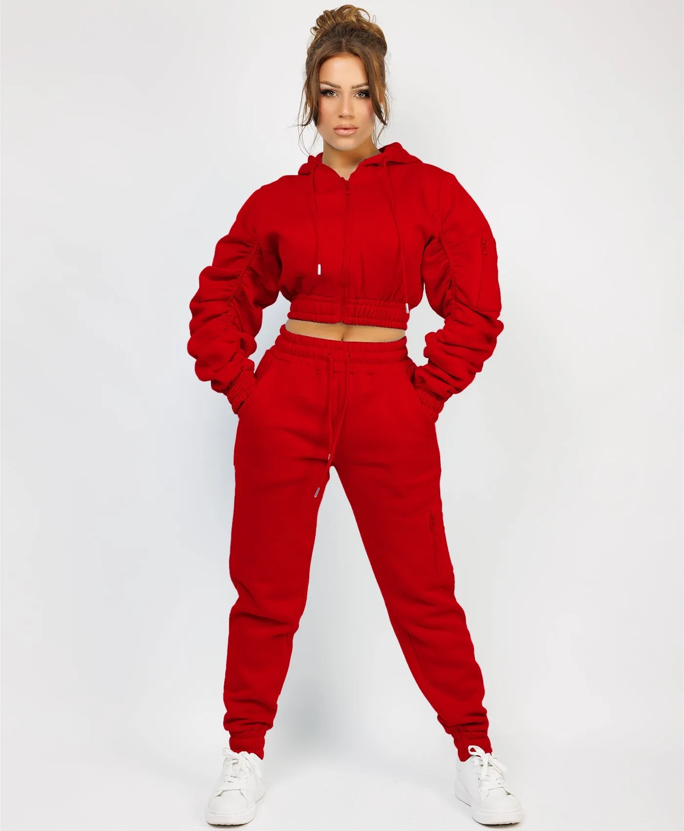 Red Ruched Sleeve Zipped Hoodie and Joggers Tracksuit