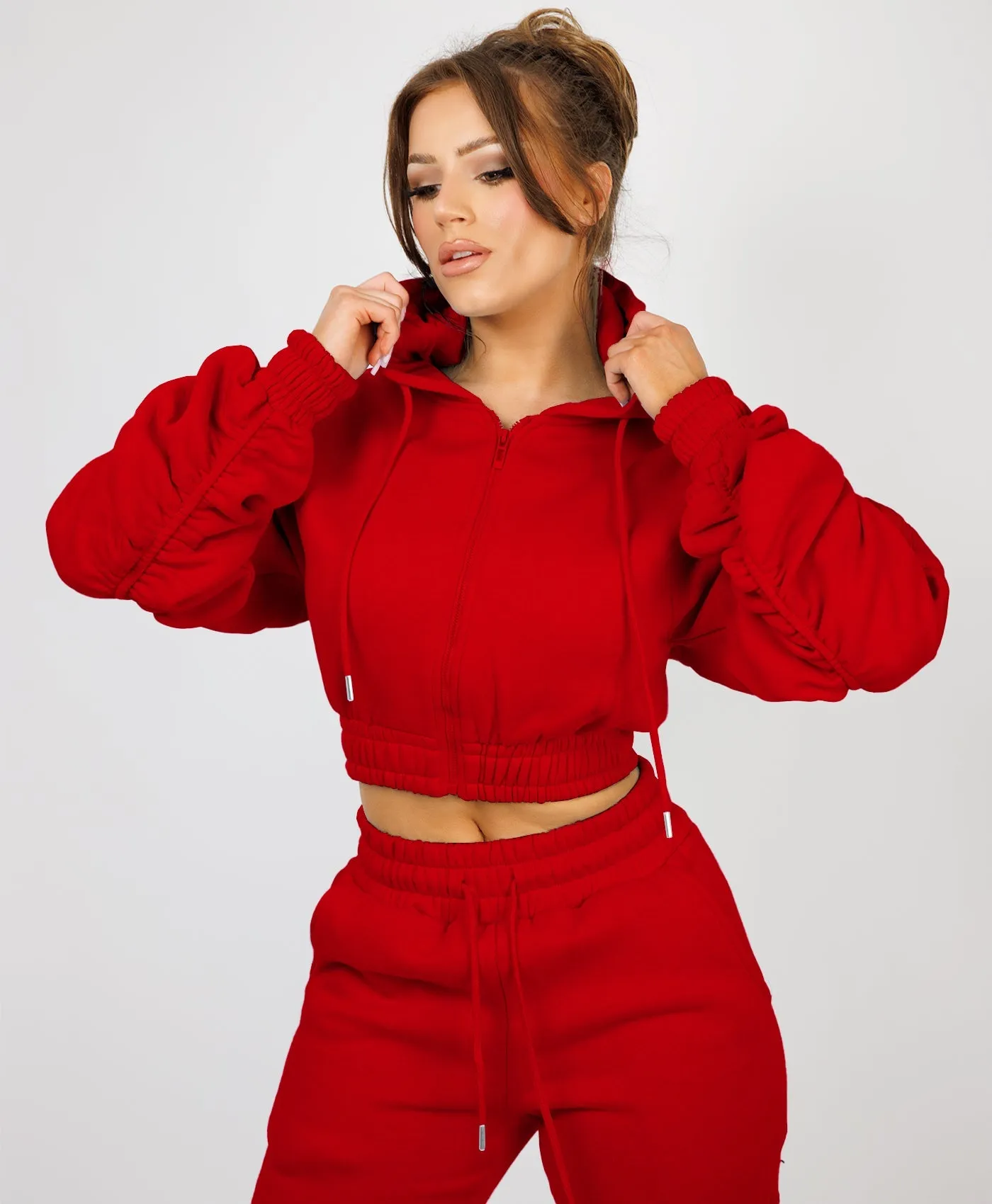 Red Ruched Sleeve Zipped Hoodie and Joggers Tracksuit