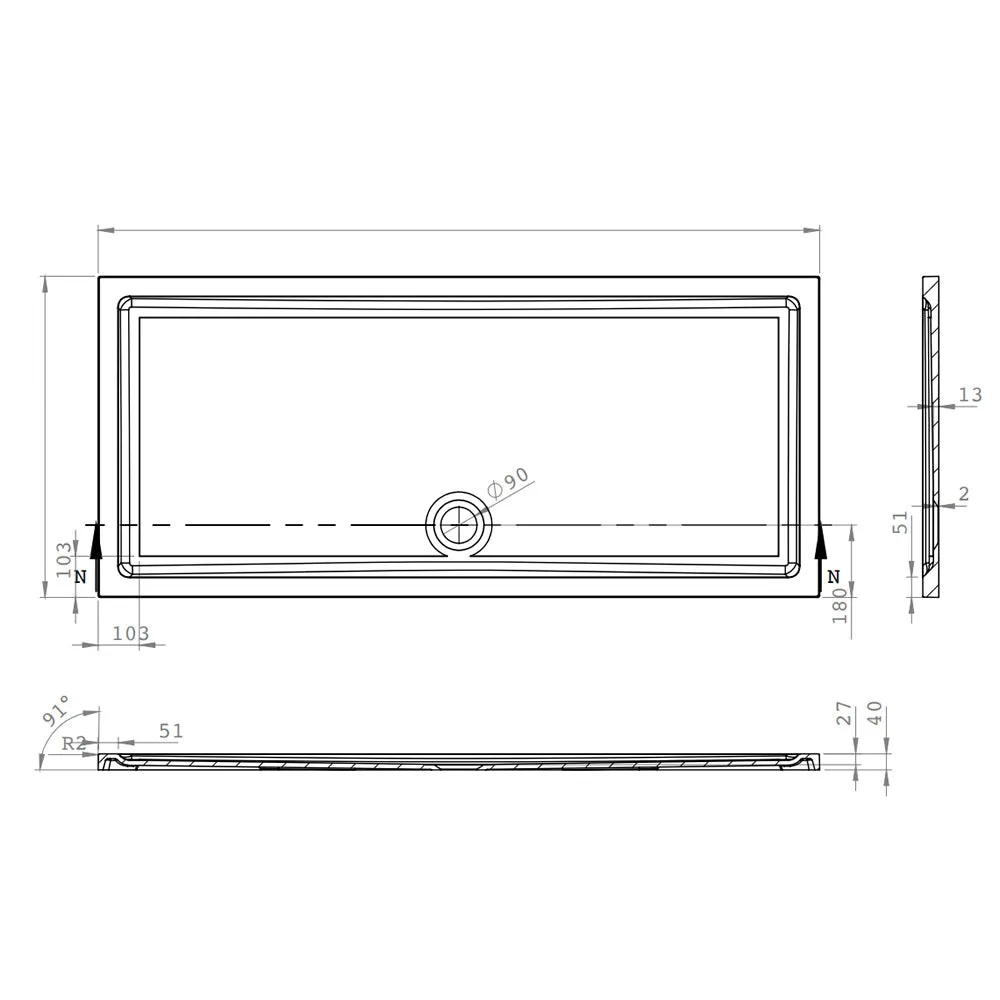 Roman Stone Solid Surface Anti Slip Shower Tray - 1700 x 800 x 40mm