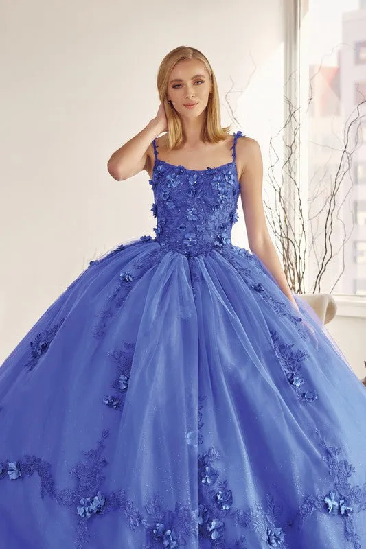 Royal Blue Long Tulle Cape With 3d Flowers Applique Quinceane