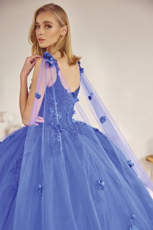 Royal Blue Long Tulle Cape With 3d Flowers Applique Quinceane