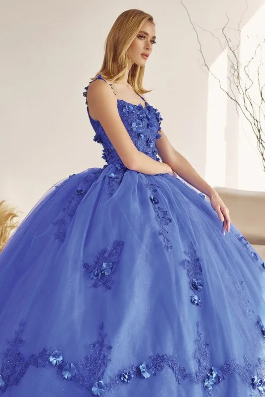 Royal Blue Long Tulle Cape With 3d Flowers Applique Quinceane