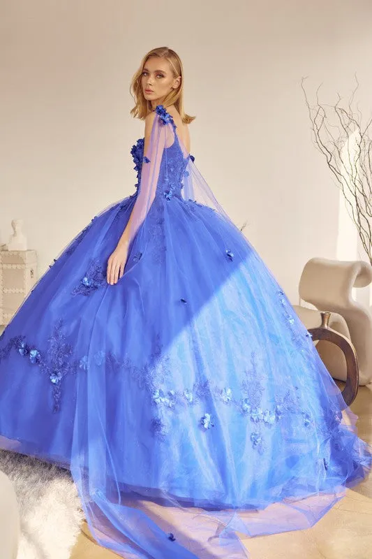 Royal Blue Long Tulle Cape With 3d Flowers Applique Quinceane