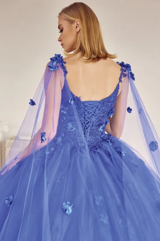 Royal Blue Long Tulle Cape With 3d Flowers Applique Quinceane