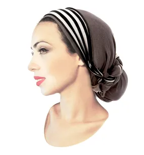 ShariRose Pre Tied Bandana Head Scarf Tichel Lightweight Long Cotton Stripe Wrap (Dark gray w/ stripe - 328)