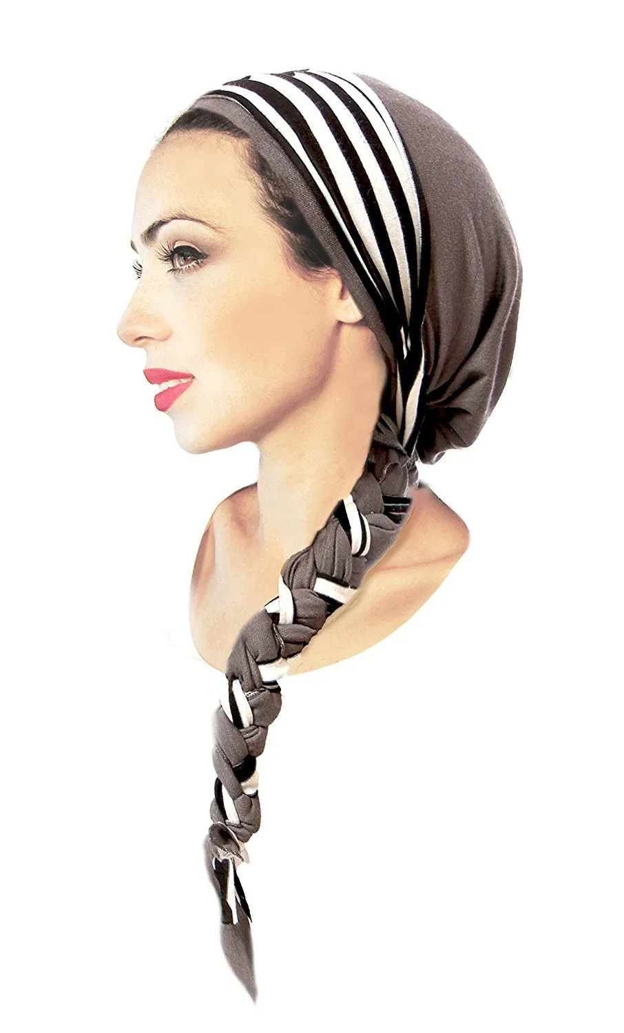 ShariRose Pre Tied Bandana Head Scarf Tichel Lightweight Long Cotton Stripe Wrap (Dark gray w/ stripe - 328)