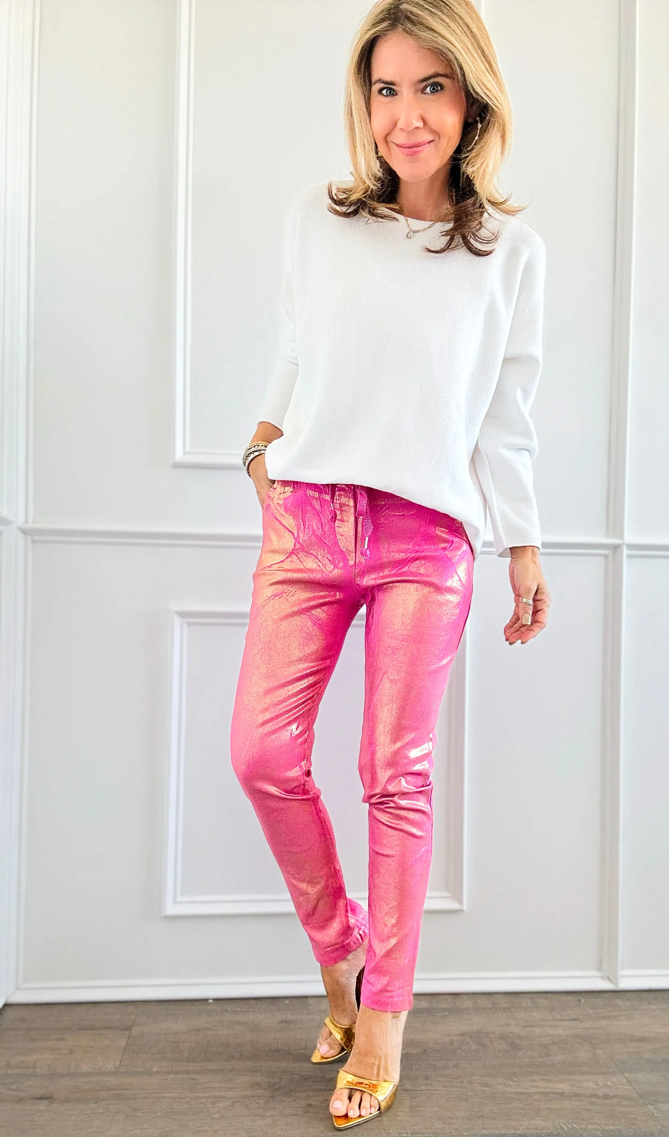 Shine-On Glistening Italian Joggers - Fuchsia/Gold