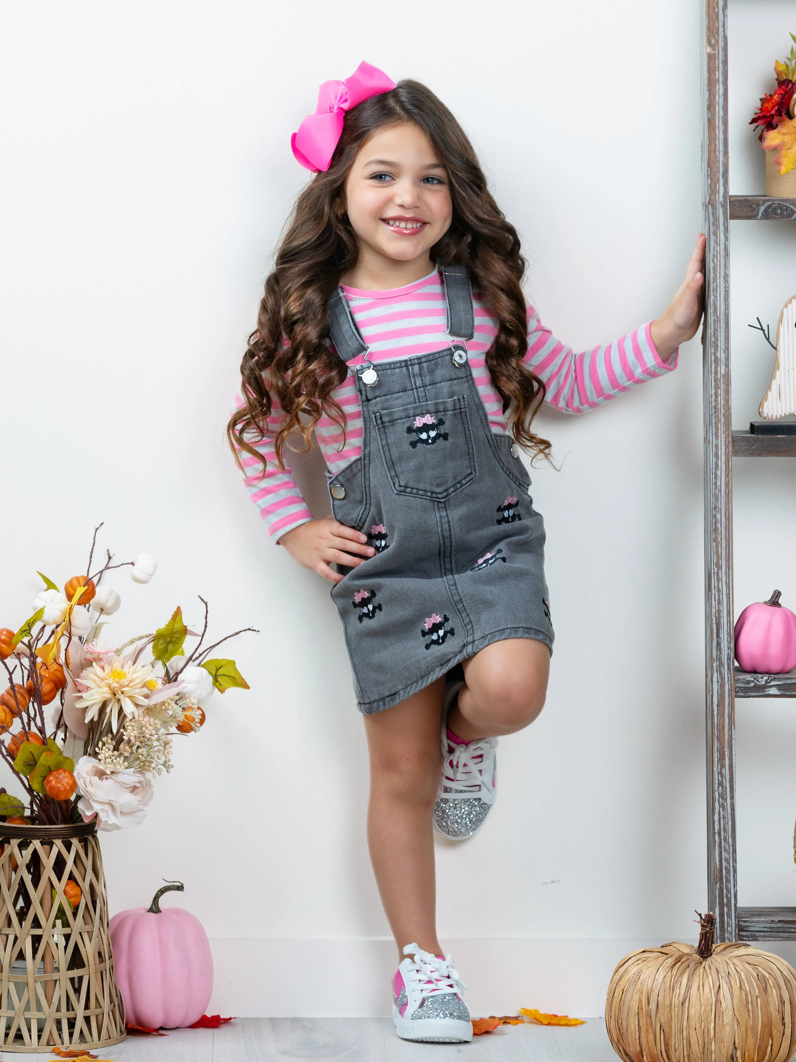 Skull Girls Rock Denim Overall Dress Set