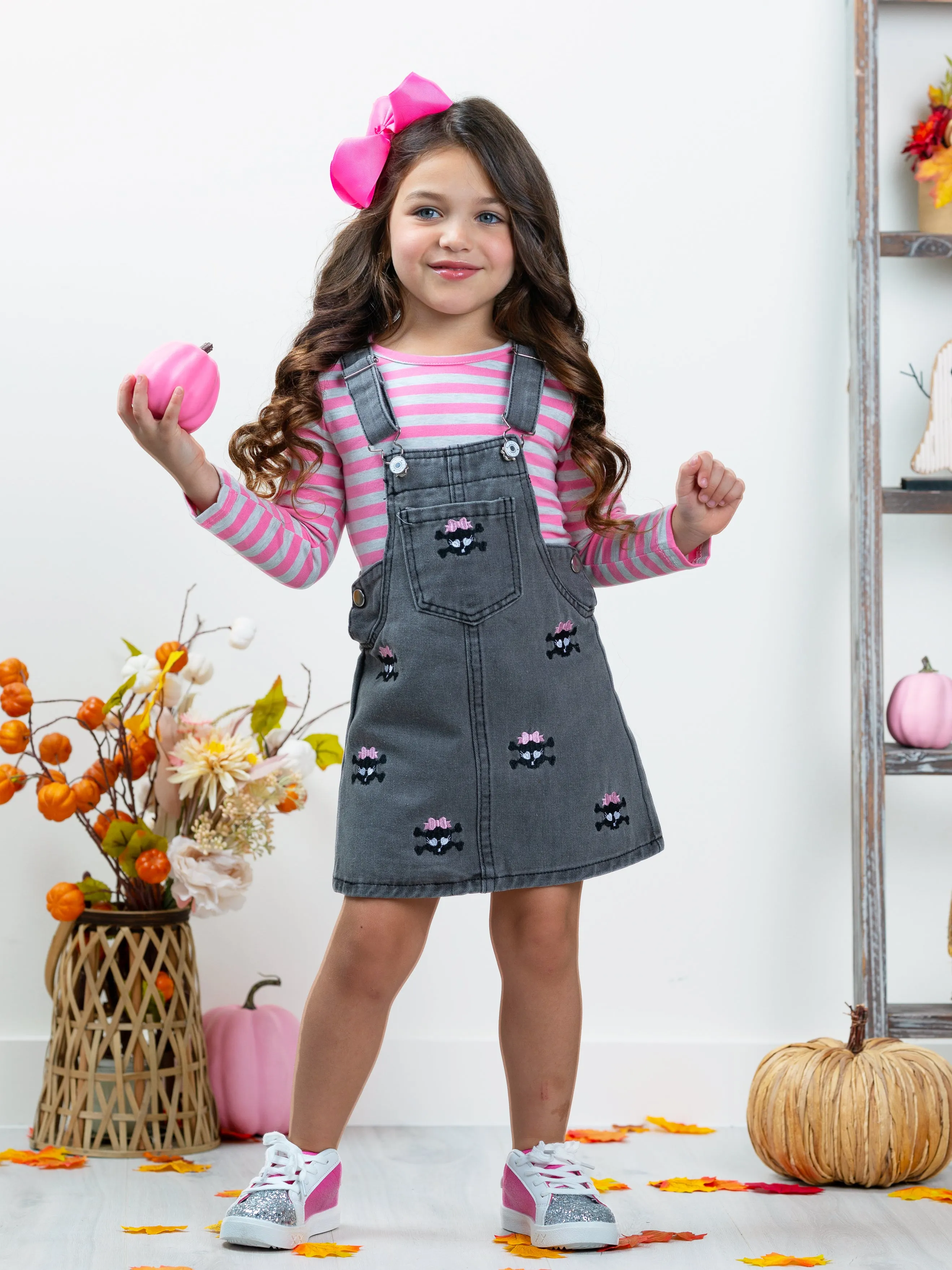 Skull Girls Rock Denim Overall Dress Set