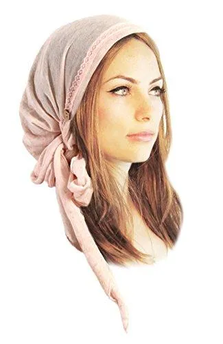 Soft Pink Head-scarf Chemo Tichel Embellished with Vintage Lace Coconut Buttons (Champagne baby pink long - 372)