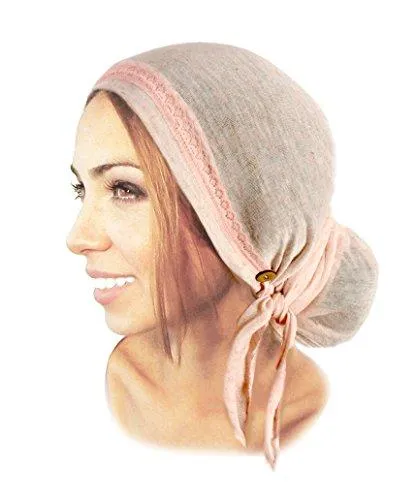 Soft Pink Head-scarf Chemo Tichel Embellished with Vintage Lace Coconut Buttons (Champagne baby pink long - 372)