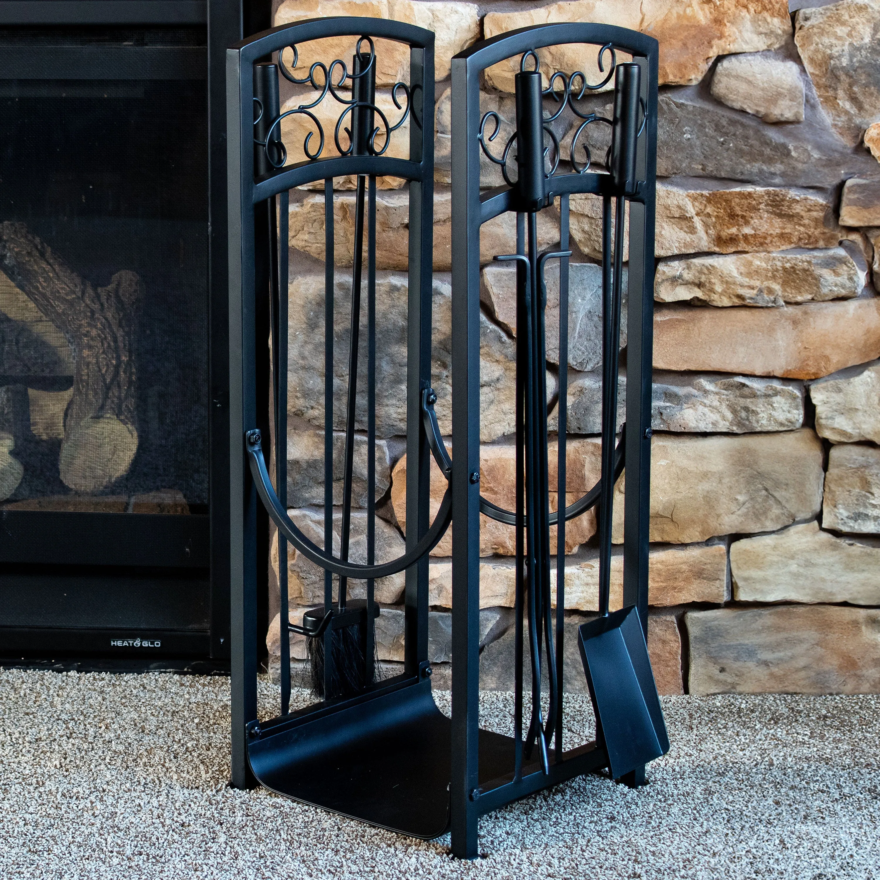 Sunnydaze Filigree Small Firewood Rack with 4 Fireplace Tools