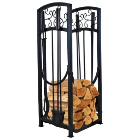 Sunnydaze Filigree Small Firewood Rack with 4 Fireplace Tools