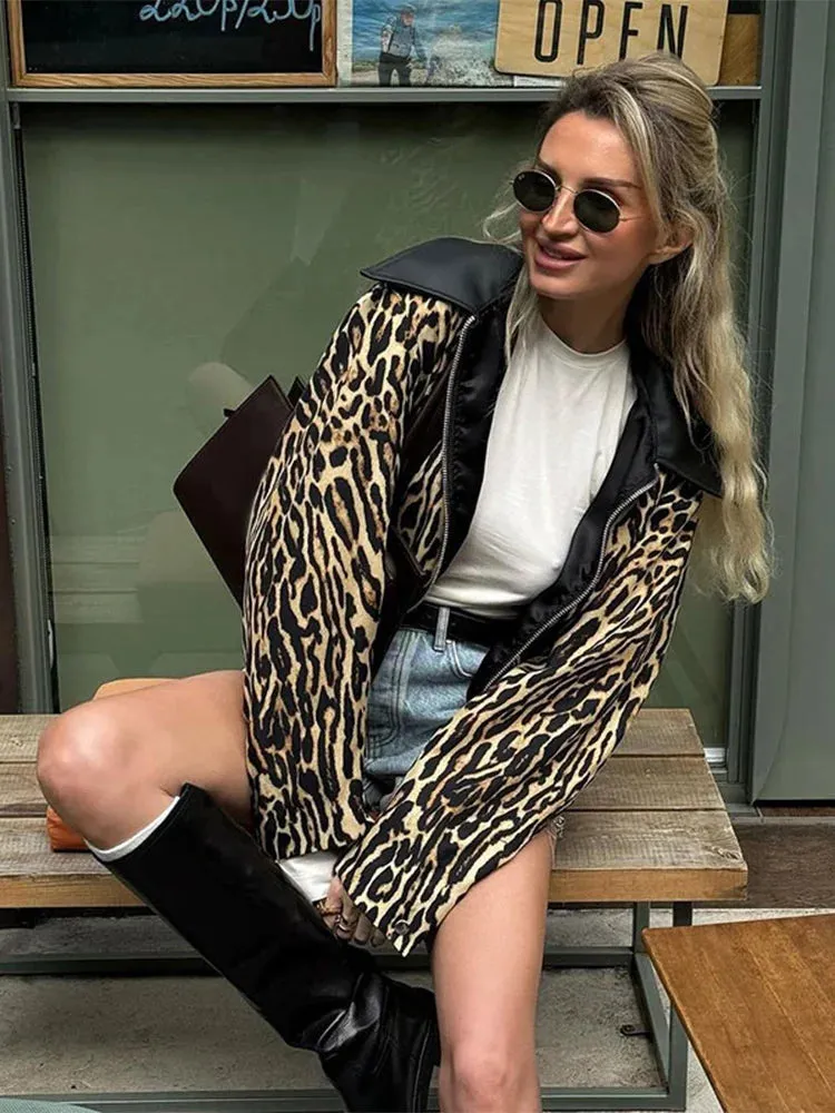 TAVIMART  -  Women's Casual Leopard Printed Leather Lapel Patchwork Jacket Chic Zipper Long Sleeve Short Slim Coat 2024 Lady High Streetwear