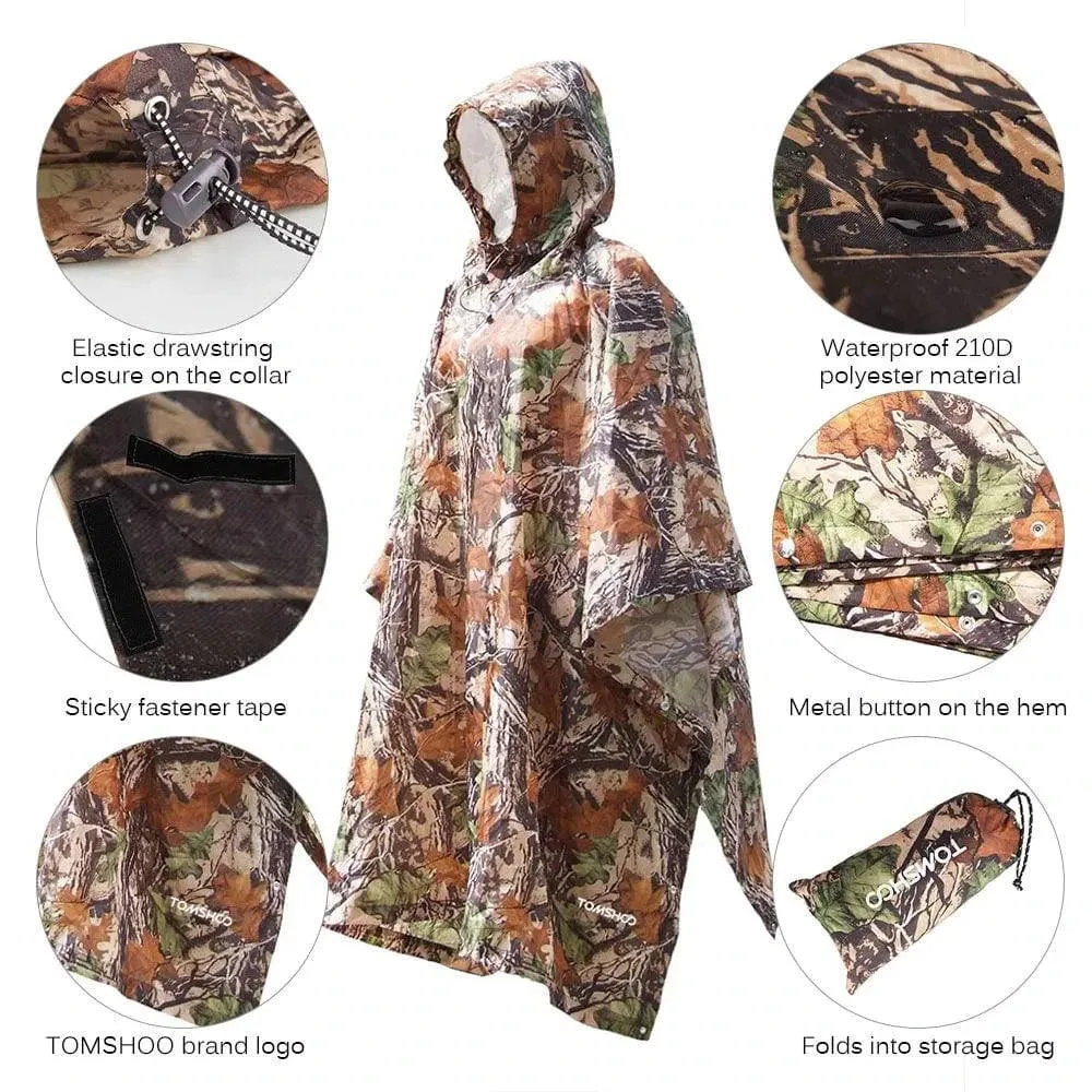 TOMSHOO 3 in 1 Rain Cover Poncho with Hood Hiking Cycling Rain Cover Poncho Coat Outdoor Camping Tent Awning Mat Camouflage