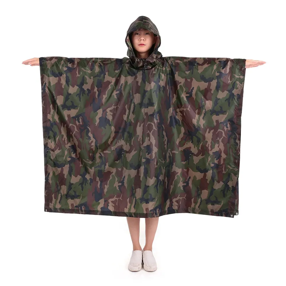 TOMSHOO 3 in 1 Rain Cover Poncho with Hood Hiking Cycling Rain Cover Poncho Coat Outdoor Camping Tent Awning Mat Camouflage