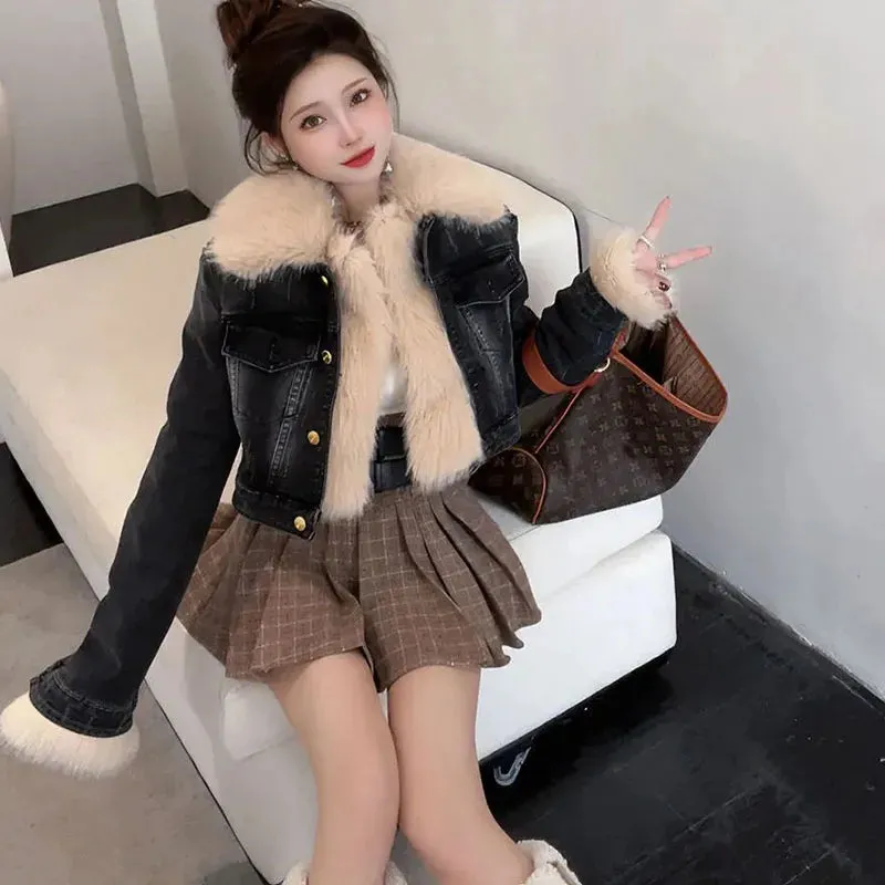 Uniwim Fur Collar Denim Jacket Women Y2k Streetwear Motorcycle Short Coat Vintage Long Sleeve Casual Outerwear New