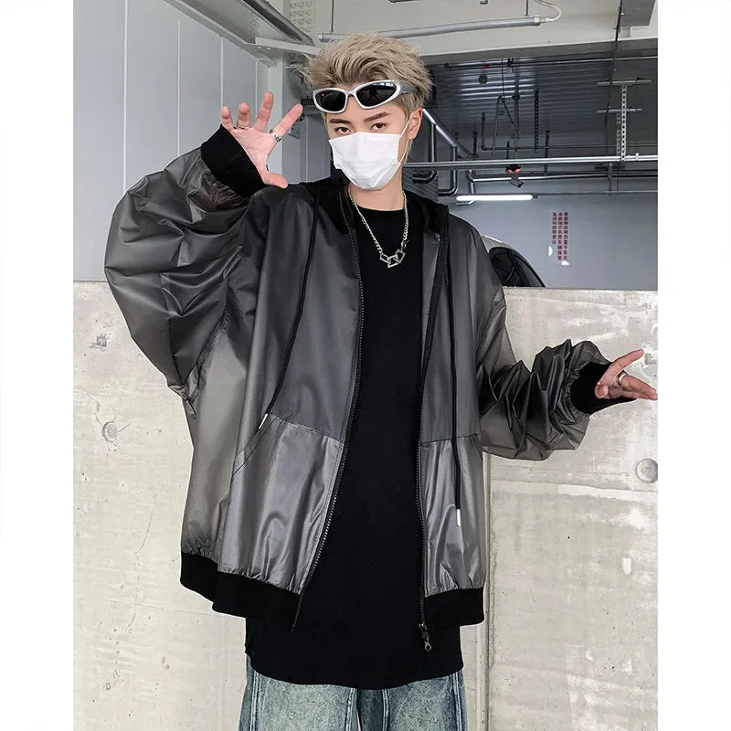 Wiaofellas  -  Korean Chic New Spring Transparent Hooded Jacket Men High Quality PU Casual Loose Jackets Male Streetwear Oversized Coat