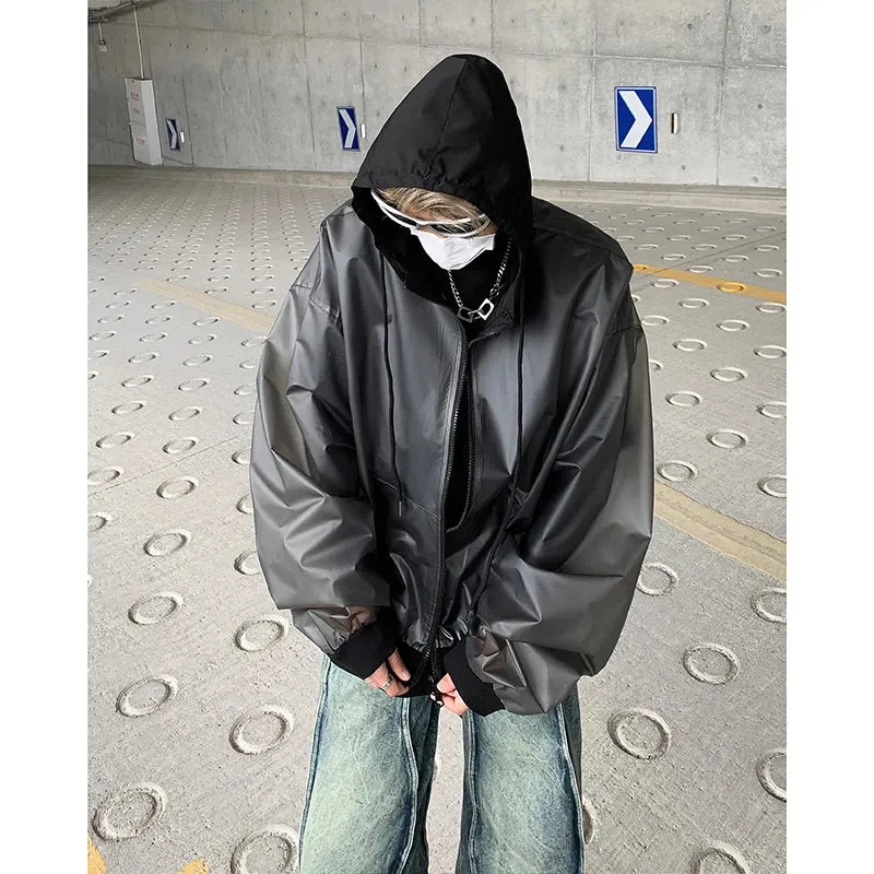 Wiaofellas  -  Korean Chic New Spring Transparent Hooded Jacket Men High Quality PU Casual Loose Jackets Male Streetwear Oversized Coat