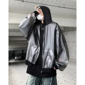 Wiaofellas  -  Korean Chic New Spring Transparent Hooded Jacket Men High Quality PU Casual Loose Jackets Male Streetwear Oversized Coat