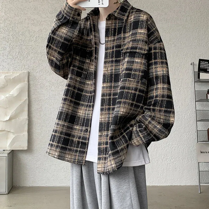 Wiaofellas  -  Short Woolen Coat Men Warm Retro Plaid Woolen Coat Men Streetwear Korean Loose Thicken Woolen Jacket Mens Thick Woolen Shirt