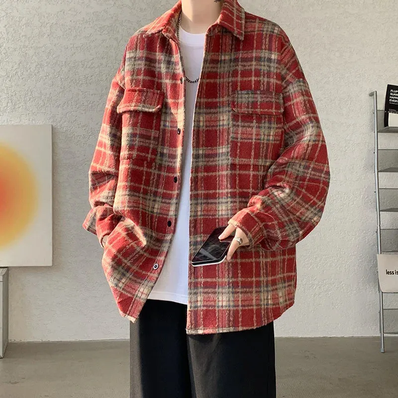 Wiaofellas  -  Short Woolen Coat Men Warm Retro Plaid Woolen Coat Men Streetwear Korean Loose Thicken Woolen Jacket Mens Thick Woolen Shirt