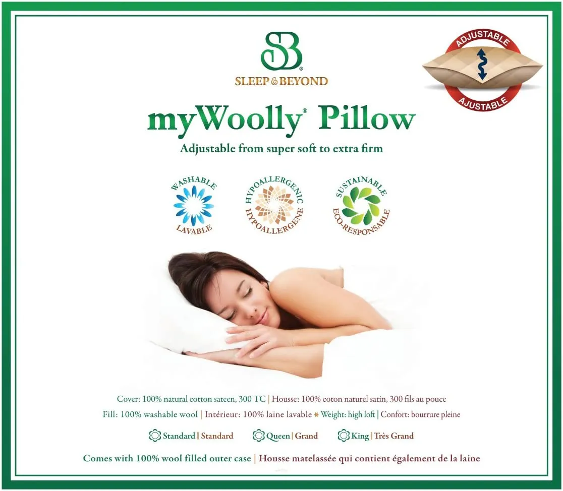 Wool Pillow, Ideal for Sleeping and Avoiding Neck Pain, Hypoallergenic, Natural Adjustable Washable