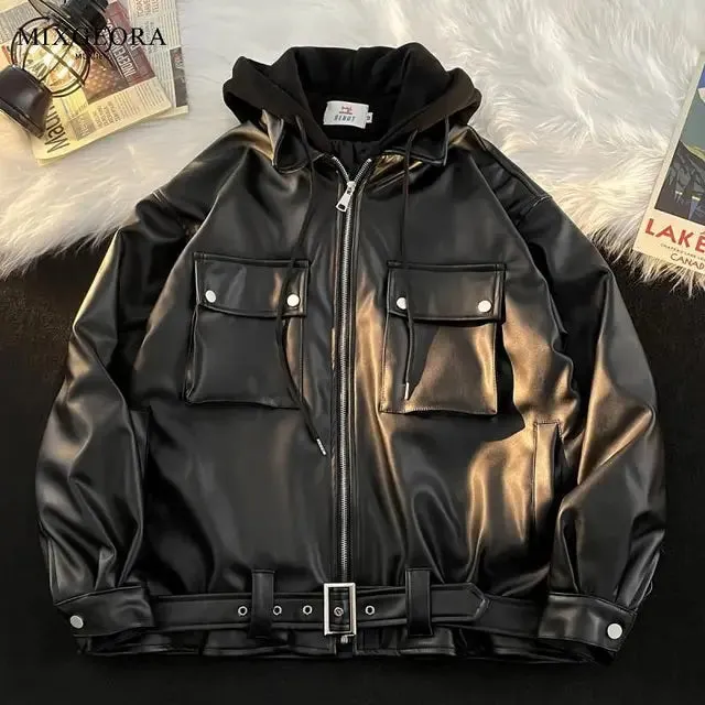 xiangtuibao Men Leather Jacket Long Sleeve American Vintage Hooded Jacket Streetwear PU Business Casual Motorcycle Jacket Coat Biker Jacket