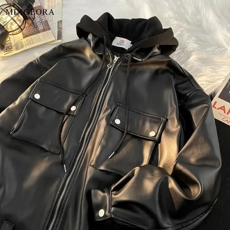 xiangtuibao Men Leather Jacket Long Sleeve American Vintage Hooded Jacket Streetwear PU Business Casual Motorcycle Jacket Coat Biker Jacket