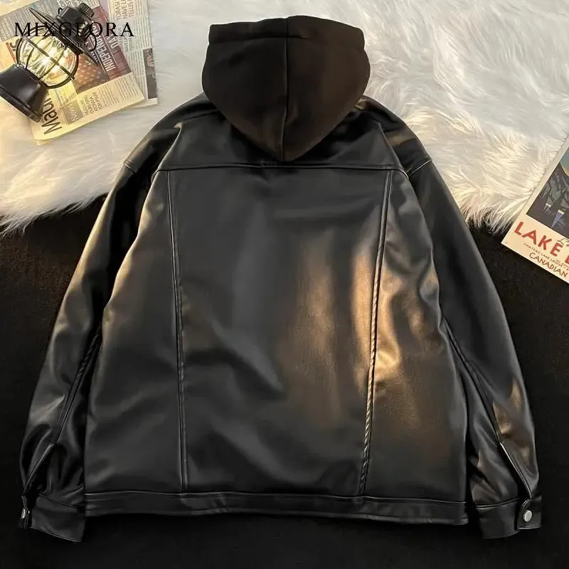 xiangtuibao Men Leather Jacket Long Sleeve American Vintage Hooded Jacket Streetwear PU Business Casual Motorcycle Jacket Coat Biker Jacket