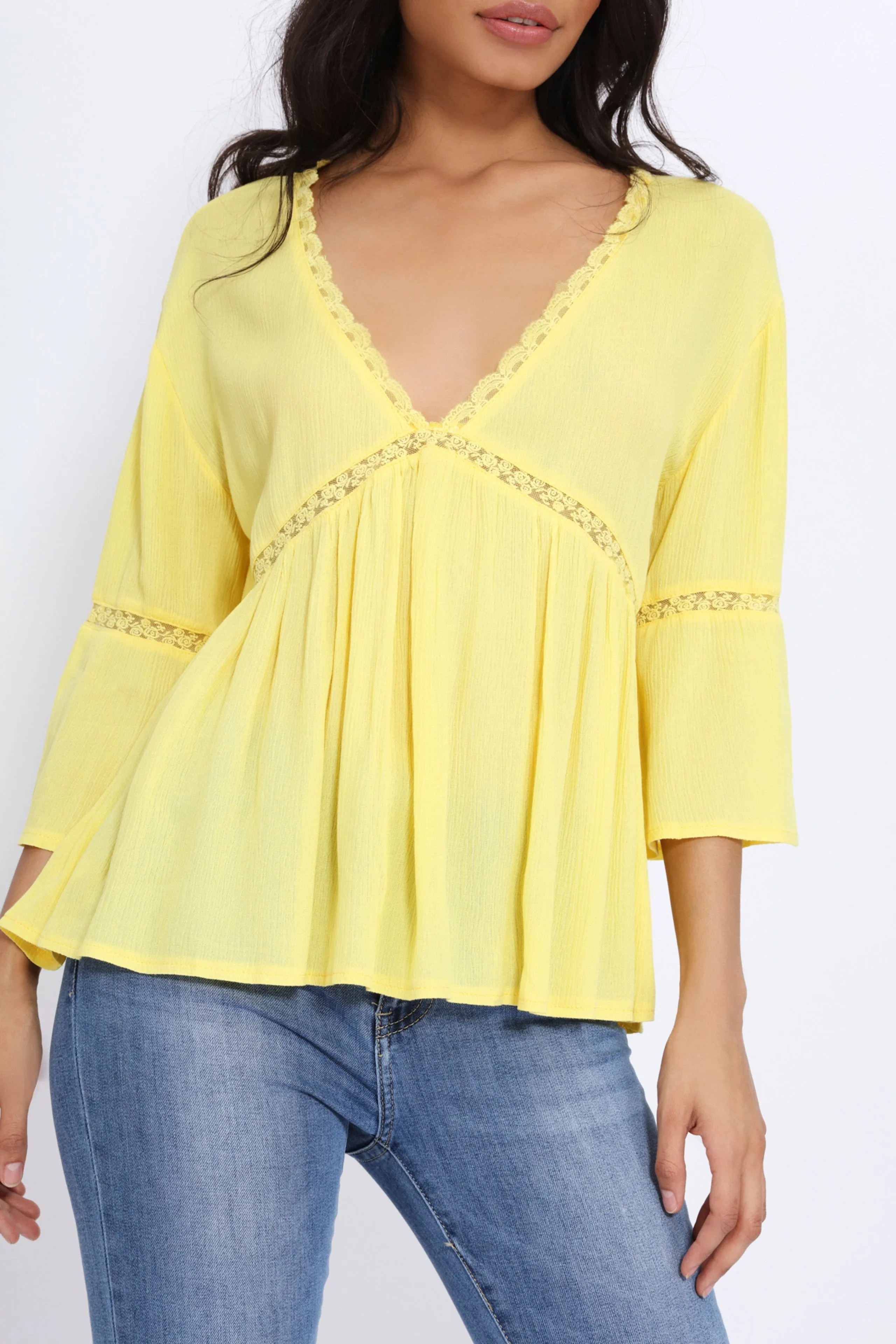 Yellow Lace Trim V Neck Tunic