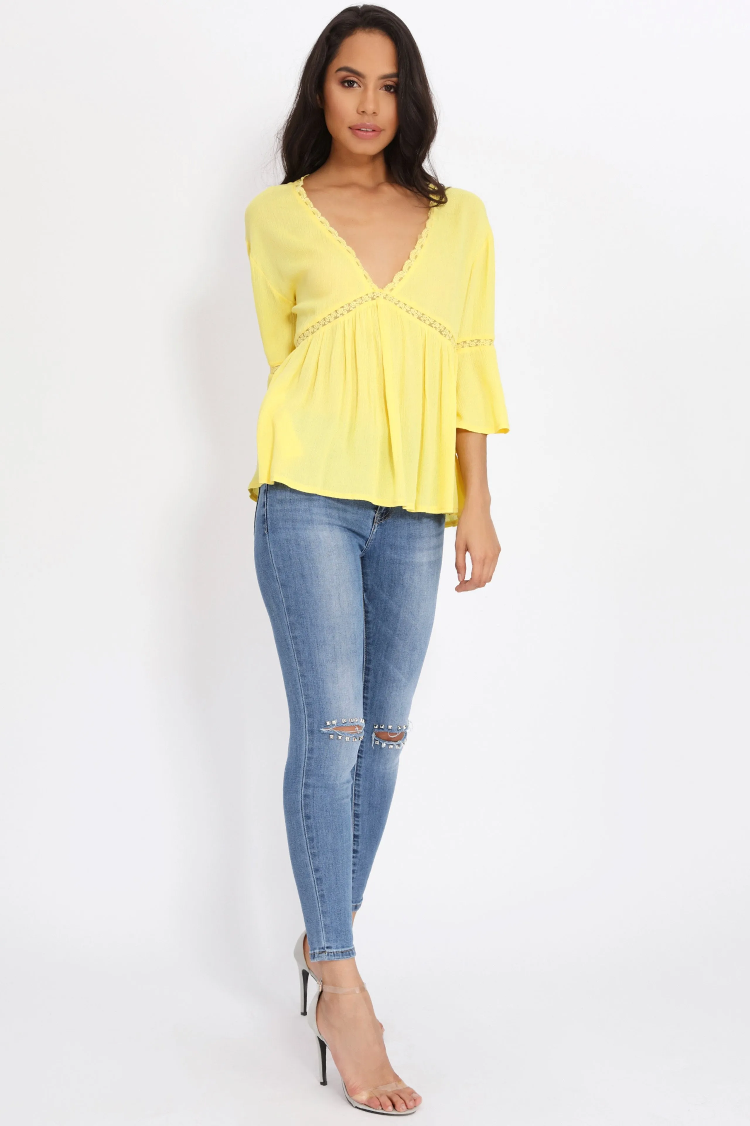 Yellow Lace Trim V Neck Tunic