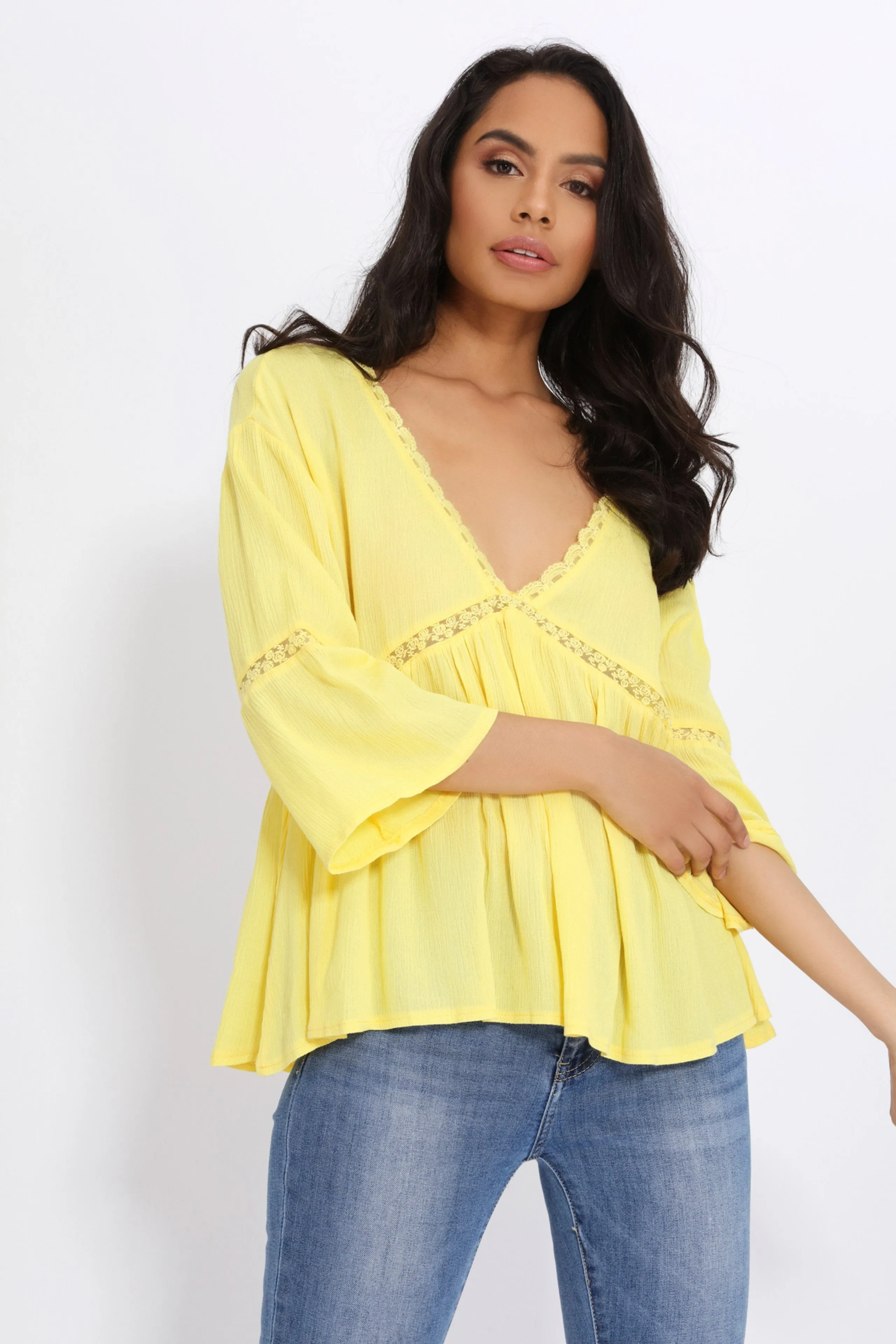 Yellow Lace Trim V Neck Tunic